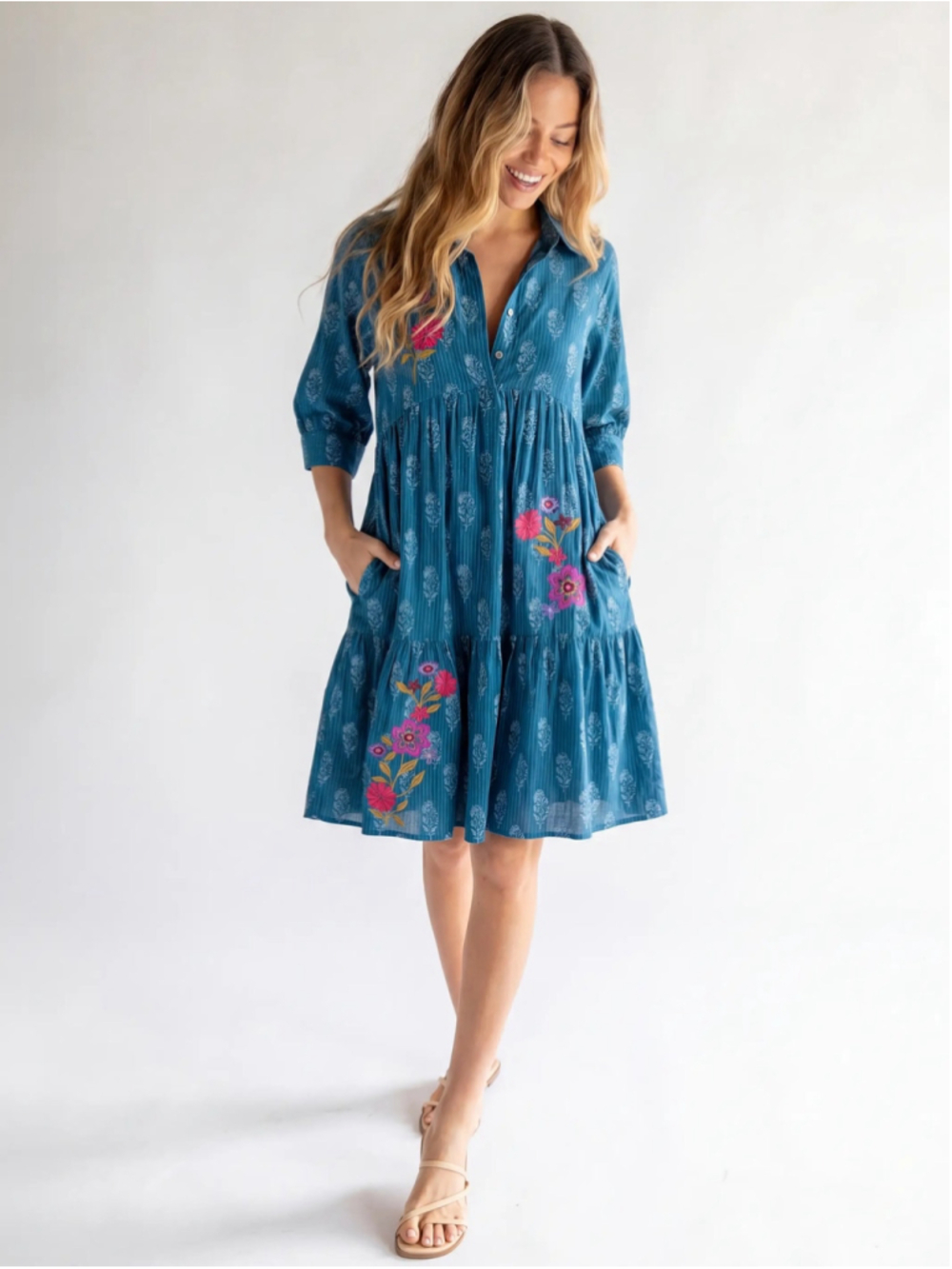 Natural Life Becca Embroidered Mini Dress Size M Blue Floral Embroidered NWT